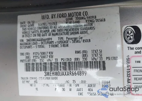 2010 Mercury Milan Premier из США, поврежденный, VIN 3MEHM0JAXAR664899